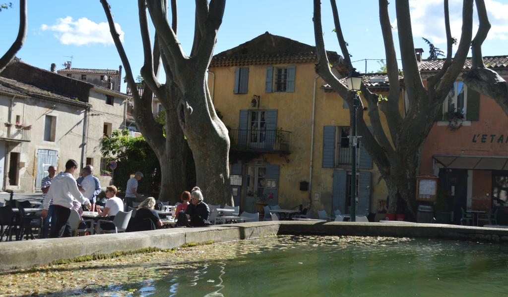 Au sud du Lubéron, dans le village médiéval et préservé de Cucuron, La Petite Maison accueille ses clients à l’ombre de platanes bicentenaires, au bord du bassin historique. © J. Dezécot