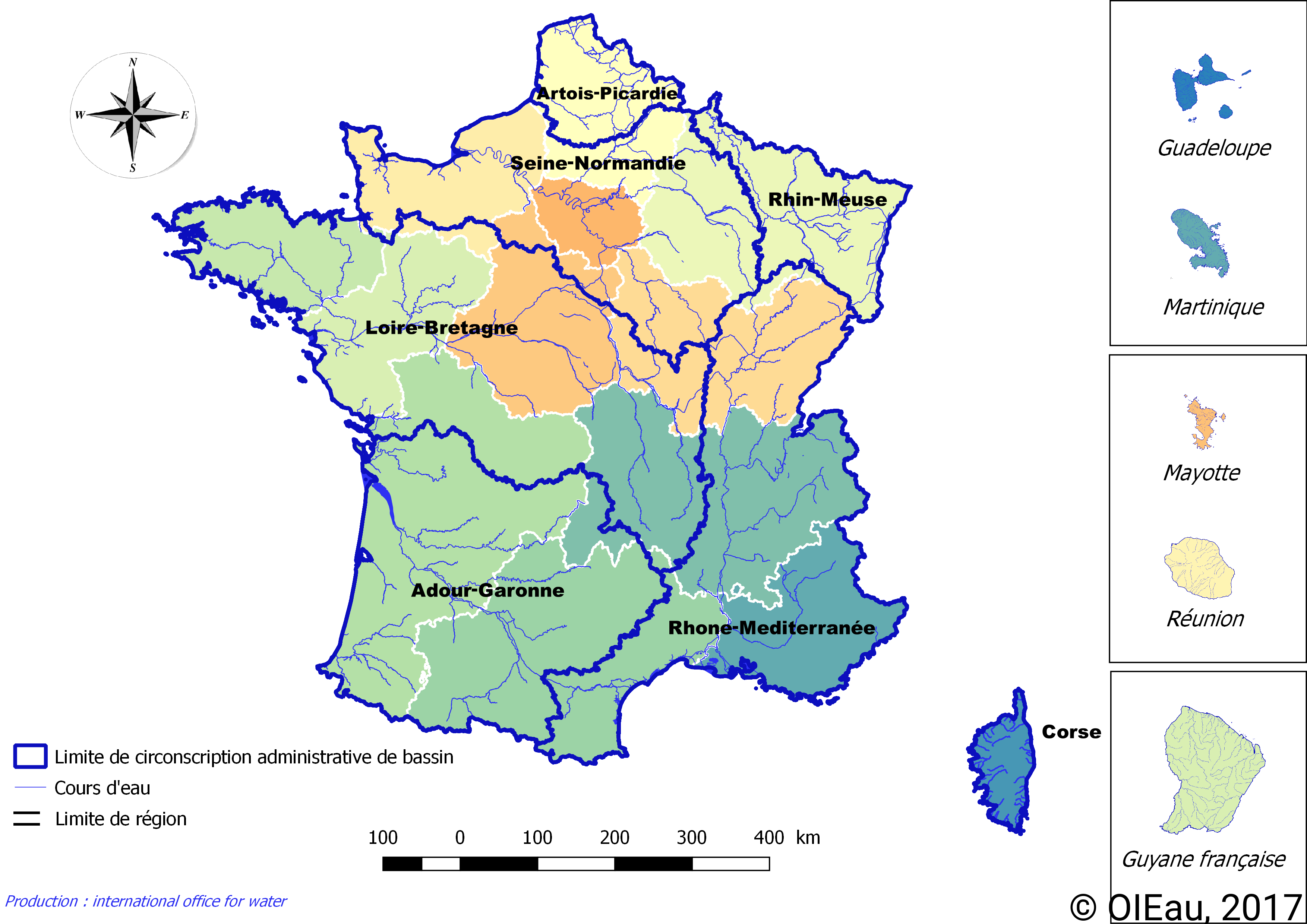 Les bassins versants en France.  © OIEAU