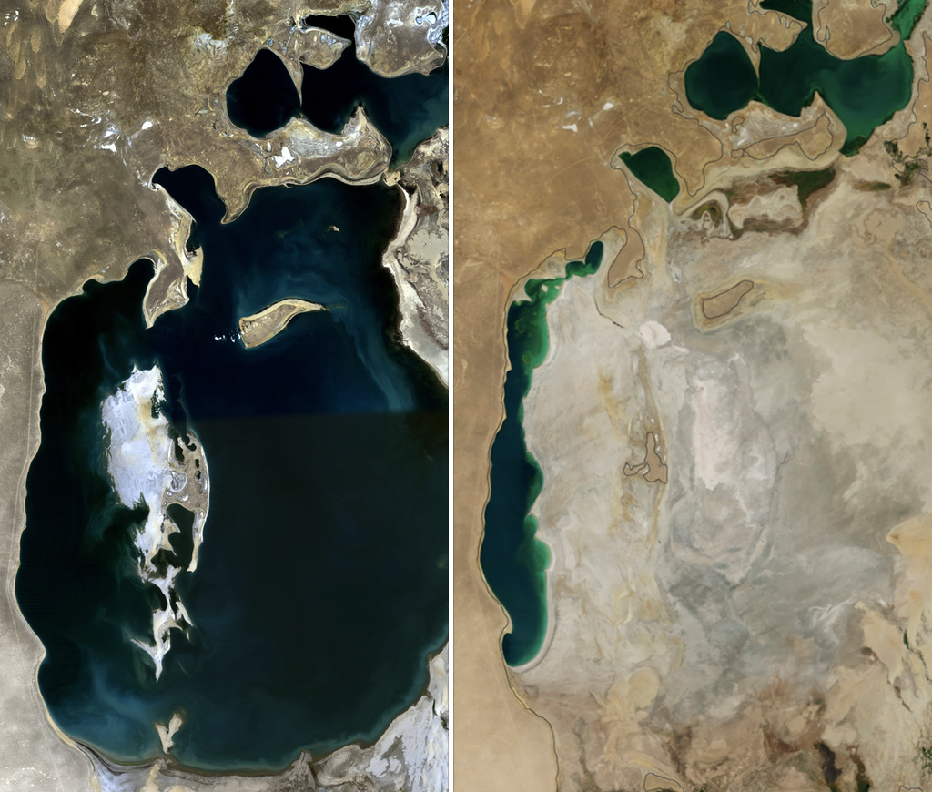 En quelques décennies, la mer d’Aral a presque disparu : à gauche en 1989 et à droite en 2014.© NASA