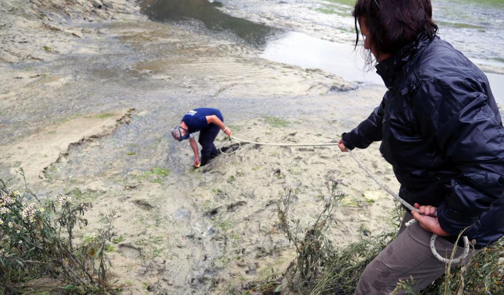 Crédit Sauvegarde du Trégor. Yves-Marie Le Lay faisant des analyses dans l'estuaire du Gouessant.