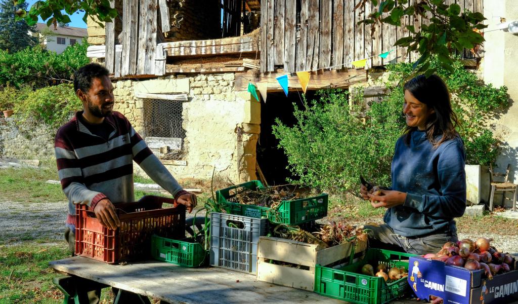 Dans la ferme collective La clef des sables, Lucas et Paloma partagent leur temps de travail avec Nicolas, leur associé, qui possède des tracteurs. En mutualisant leur force de production, cinq paysans espèrent ainsi s’installer durablement en agriculture et améliorer leurs conditions de travail. © Estelle Pereira