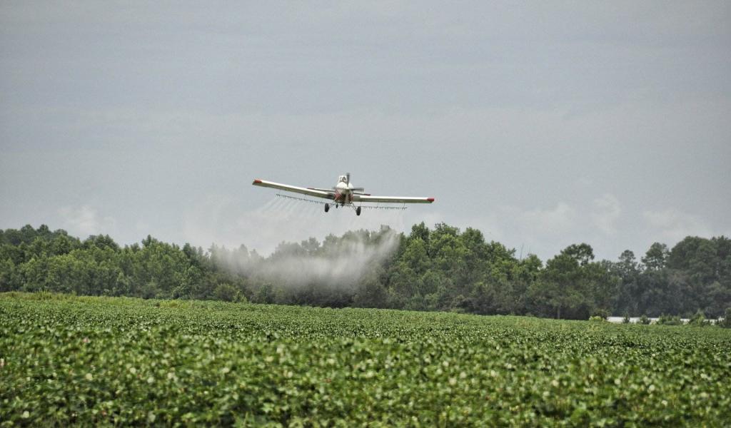 Epandages de pesticides au dessus d'un champ de soja